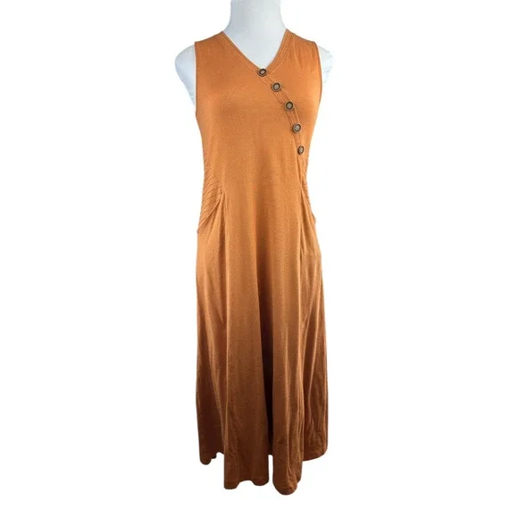 Soft Surroundings Rust Orange Maxi Dress Sleeveless Button Front Pockets Medium - Picture 13 of 14